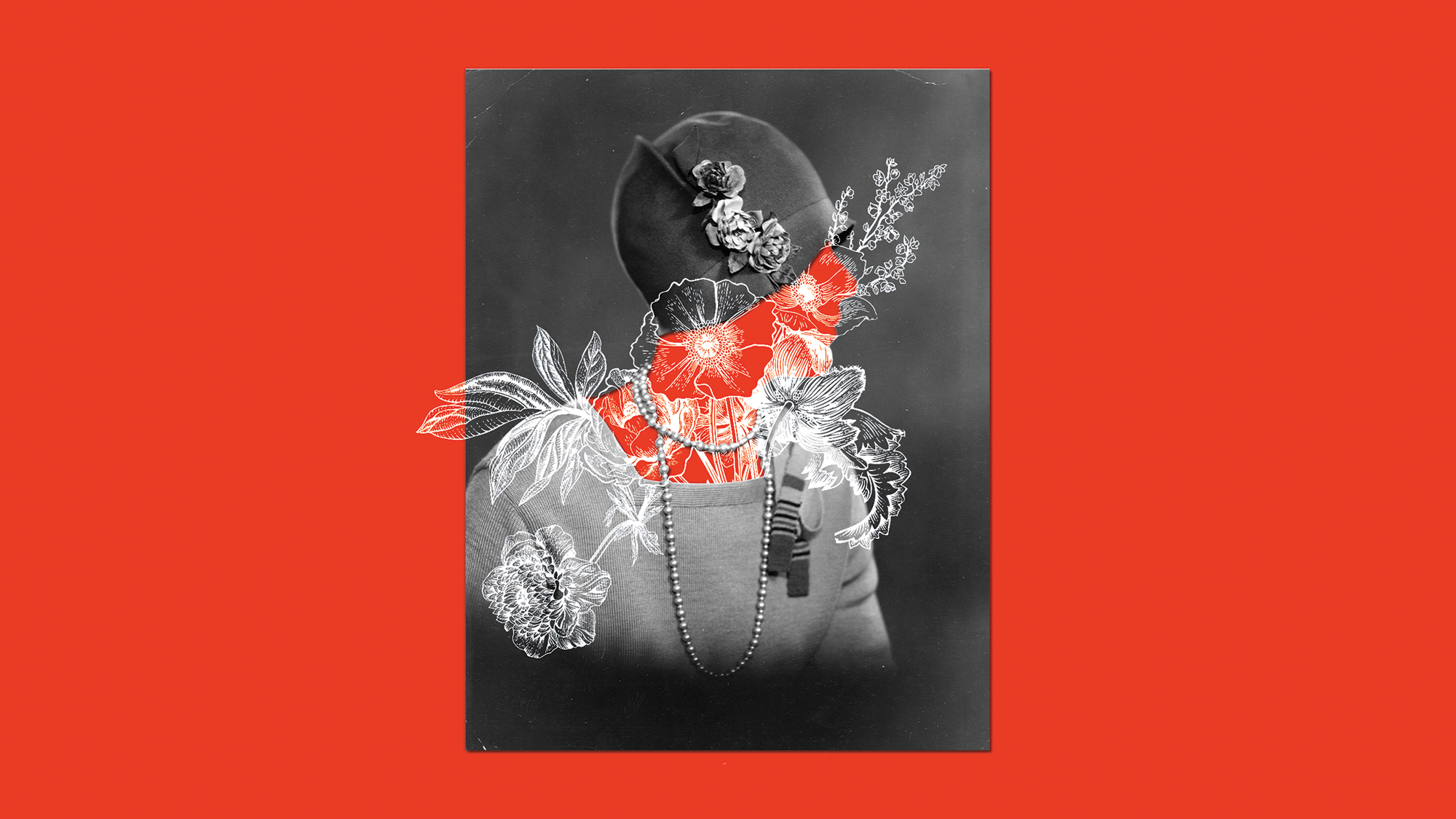 Collage-style black-and-white photo-illustration of a woman in a 1920s flapper hat, seen in profile, on a bright-red background; her head and neck have been replaced by a red silhouette, over which white photo images of flowers are placed, on red background