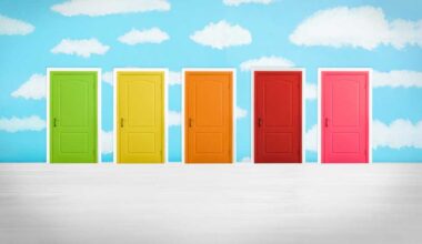 Many colorful doors in a room. Concept of choice. Green, yellow, orange, red, and pink doors on a brushed silver foreground and painted bright blue and white cloud background.