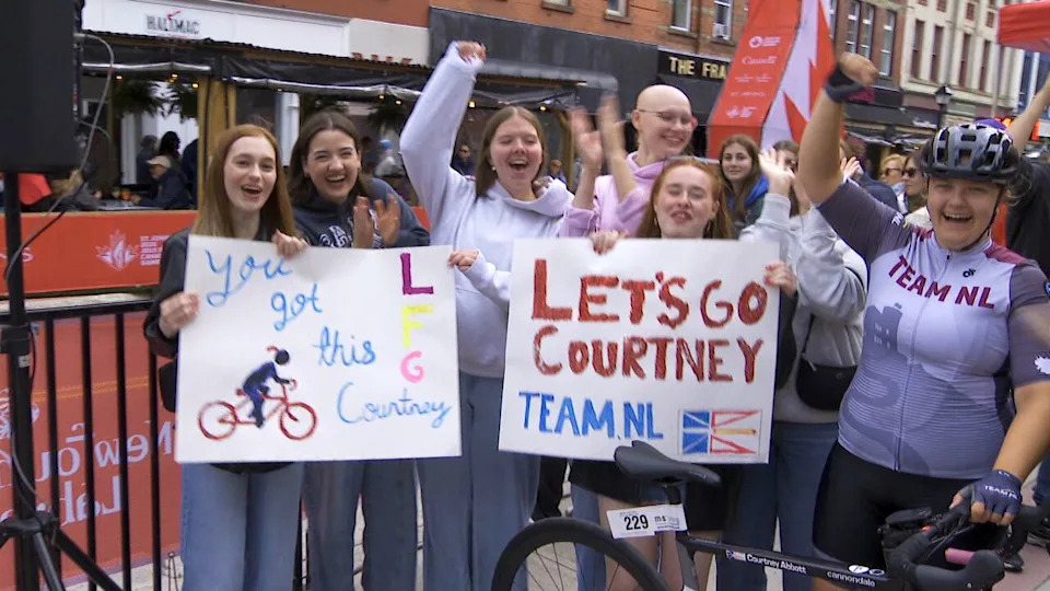 Team N.L. cyclist Courtney Abbott, far right, said racing in downtown St. John's was an amazing experience. She got to celebrate with her friends on the sidelines after her race.