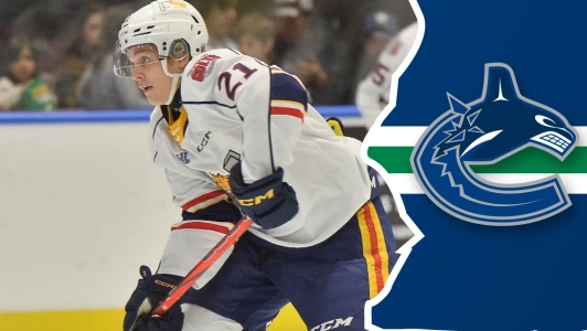 Vancouver Canucks prospect Riley Patterson playing for the OHL's Barrie Colts.