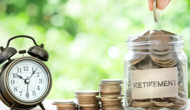 Hand putting Coins in glass jar with retro alarm clock for time to money saving for retirement