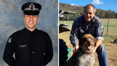 Victoria Police A portrait of Senior Constable Vadim De Waart, wearing his police uniform, and a photo of Detective Neal Thompson posing with his dog.
