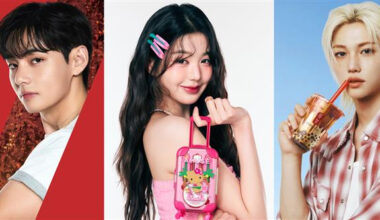 From left: BTS's V as the brand ambassador of Coca-Cola, IVE's Jang Won-young as the brand ambassador for Amuse, Stray Kids' Felix as the brand ambassador of Gong Cha [EACH COMPANY]