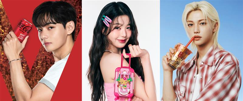 From left: BTS's V as the brand ambassador of Coca-Cola, IVE's Jang Won-young as the brand ambassador for Amuse, Stray Kids' Felix as the brand ambassador of Gong Cha [EACH COMPANY]