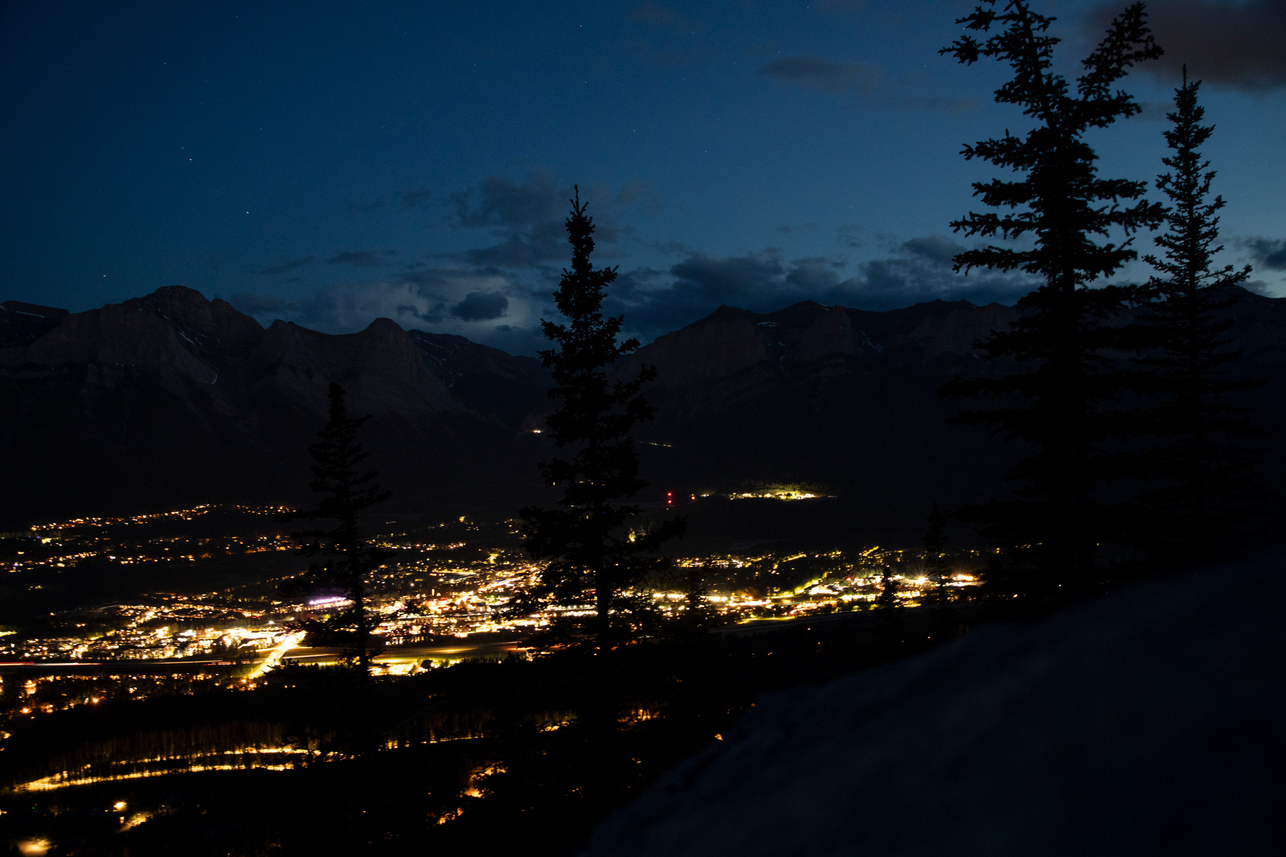 A view of Canmore, Alberta, in the darkness