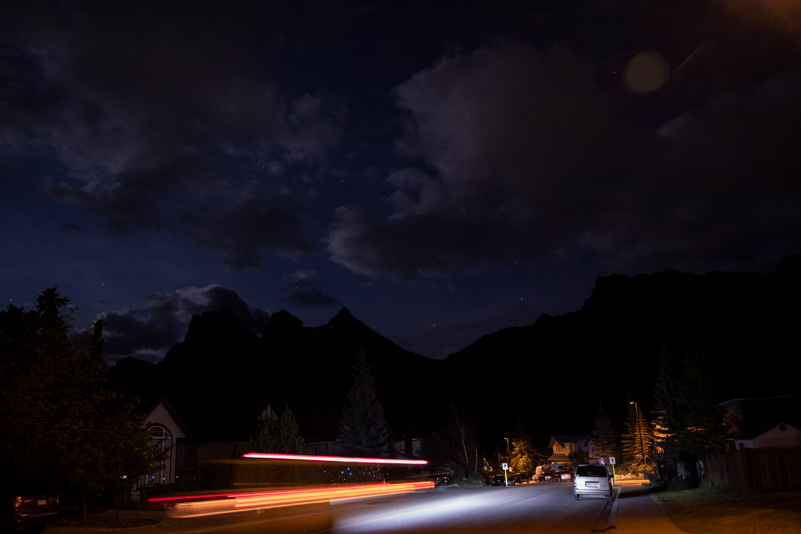 A residential area at night in Canmore, Alberta