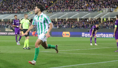 FLORENCE, ITALY - MAY 8: Abde Ezzalzouli of Real Betis Belompie celebrates after scoring a goal during the UEFA Conference League 2024/25 Semi Final First Leg match between ACF Fiorentina and Real Betis Balompie at Artemio Franchi on May 8, 2025 in Florence, Italy. (Photo by Gabriele Maltinti/Getty Images)