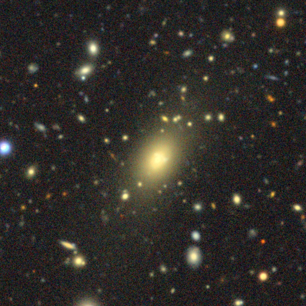Image of a dense star field with a large, bright elliptical galaxy—possibly harboring the heaviest black hole—at the center, surrounded by numerous smaller galaxies and stars against a dark background.