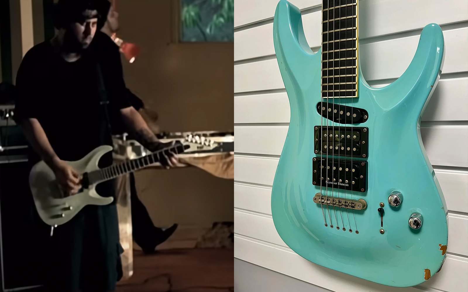 A photo of Stephen Carpenter from Deftones' ESP guitar.