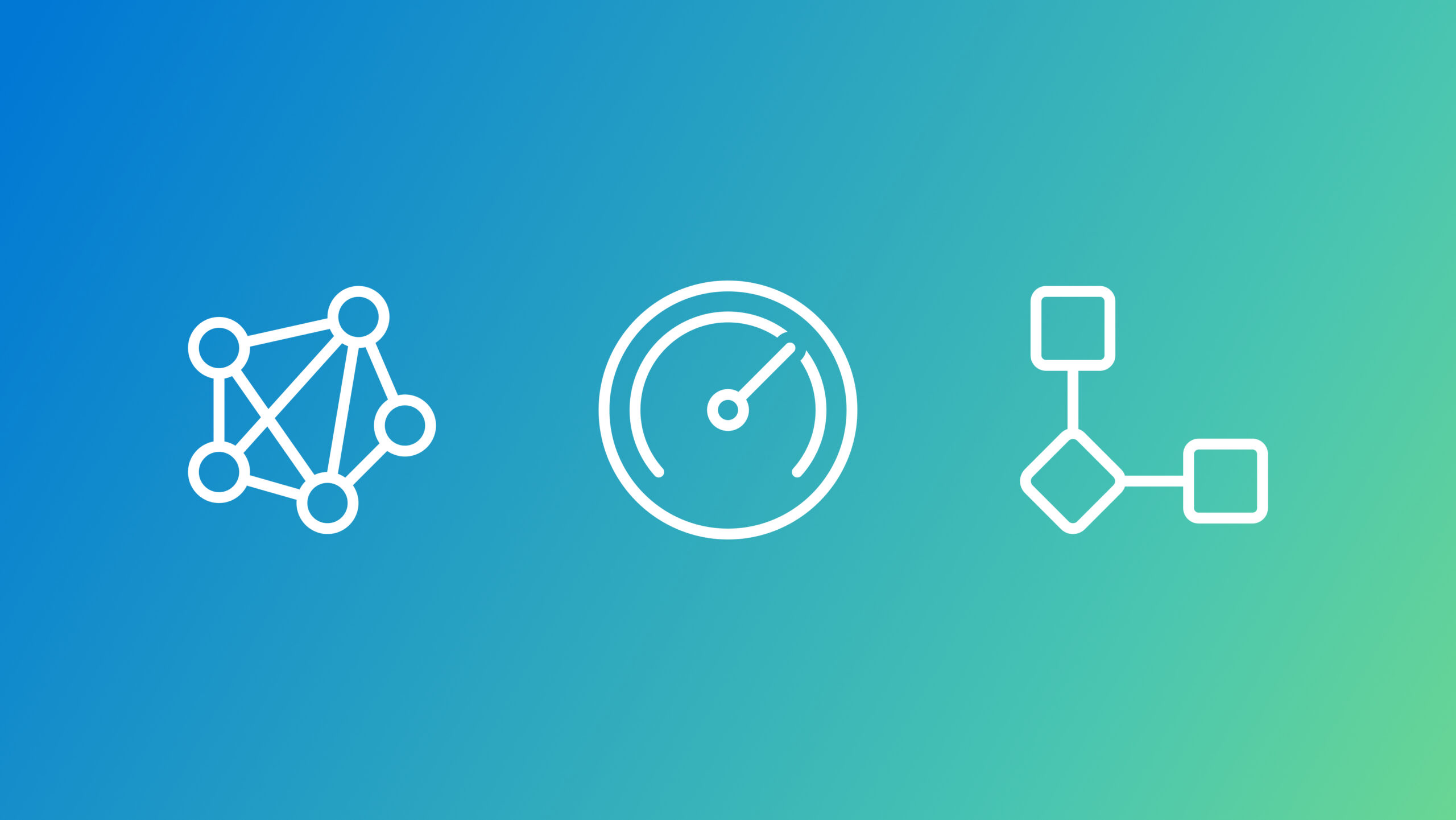 Three white icons on a gradient background transitioning from blue to green. From left to right: a network of interconnected nodes, a speedometer with the needle pointing right, and a flowchart with squares and a diamond shape.