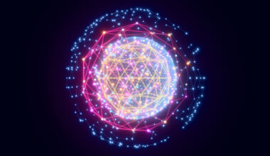 An abstract image showing many pink nodes forming a computing cluster, around a glowing core containing blue nodes and orange nodes on a black background.