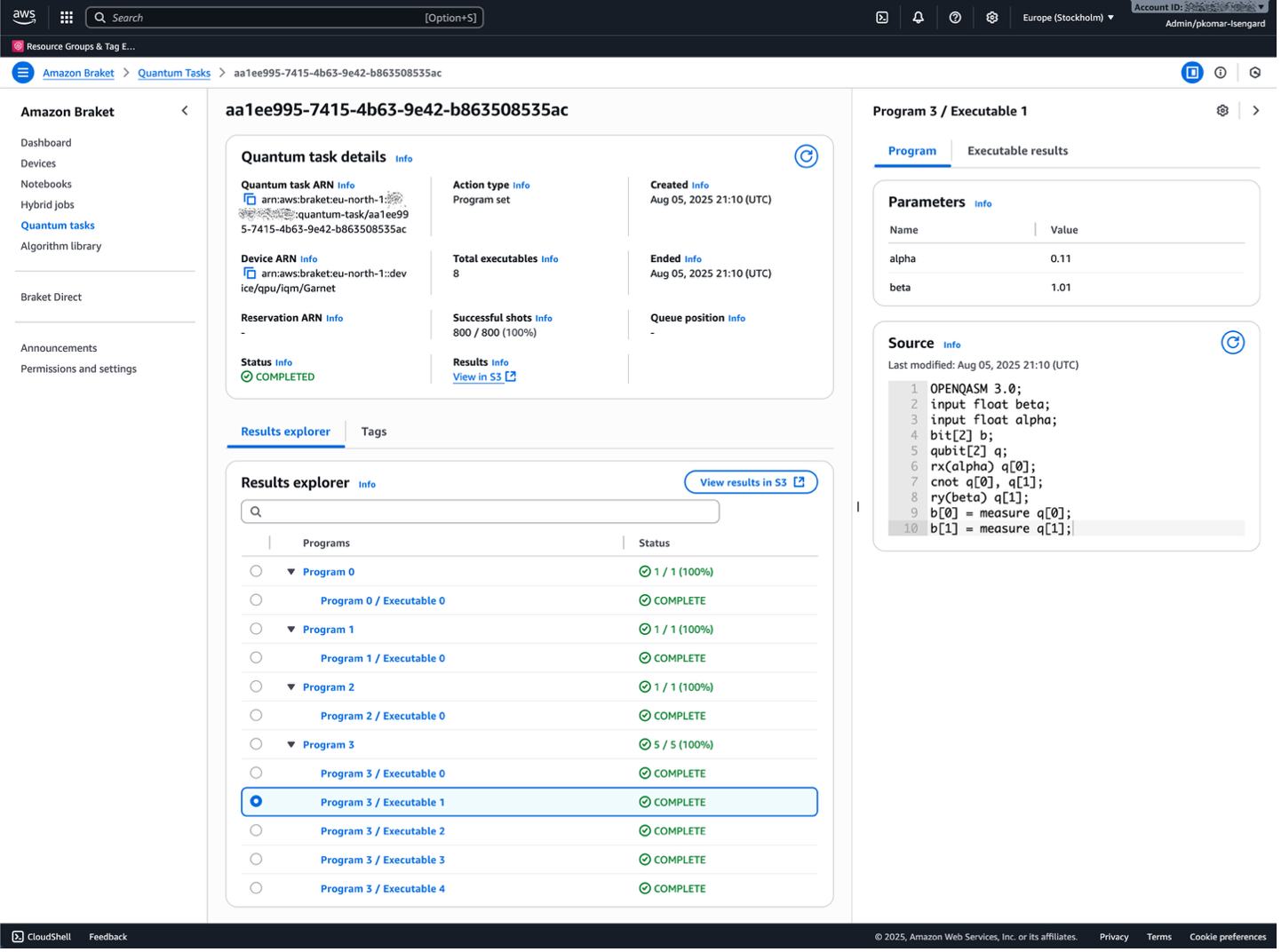 Figure 2: A program set submitted to an Amazon Braket device is tracked as a single Amazon Braket quantum task of “Program set” type. On the Braket console, the associated task is displayed with additional metadata: total executables and successful shots. Once completed, you can inspect the program set in the “Result explorer” tab, which displays the hierarchy of programs (or circuits) and executables in the program set as an expandable tree. After selecting an executable, the console displays its specifications (circuit definition, as OpenQASM code, and parameter values) and its results.