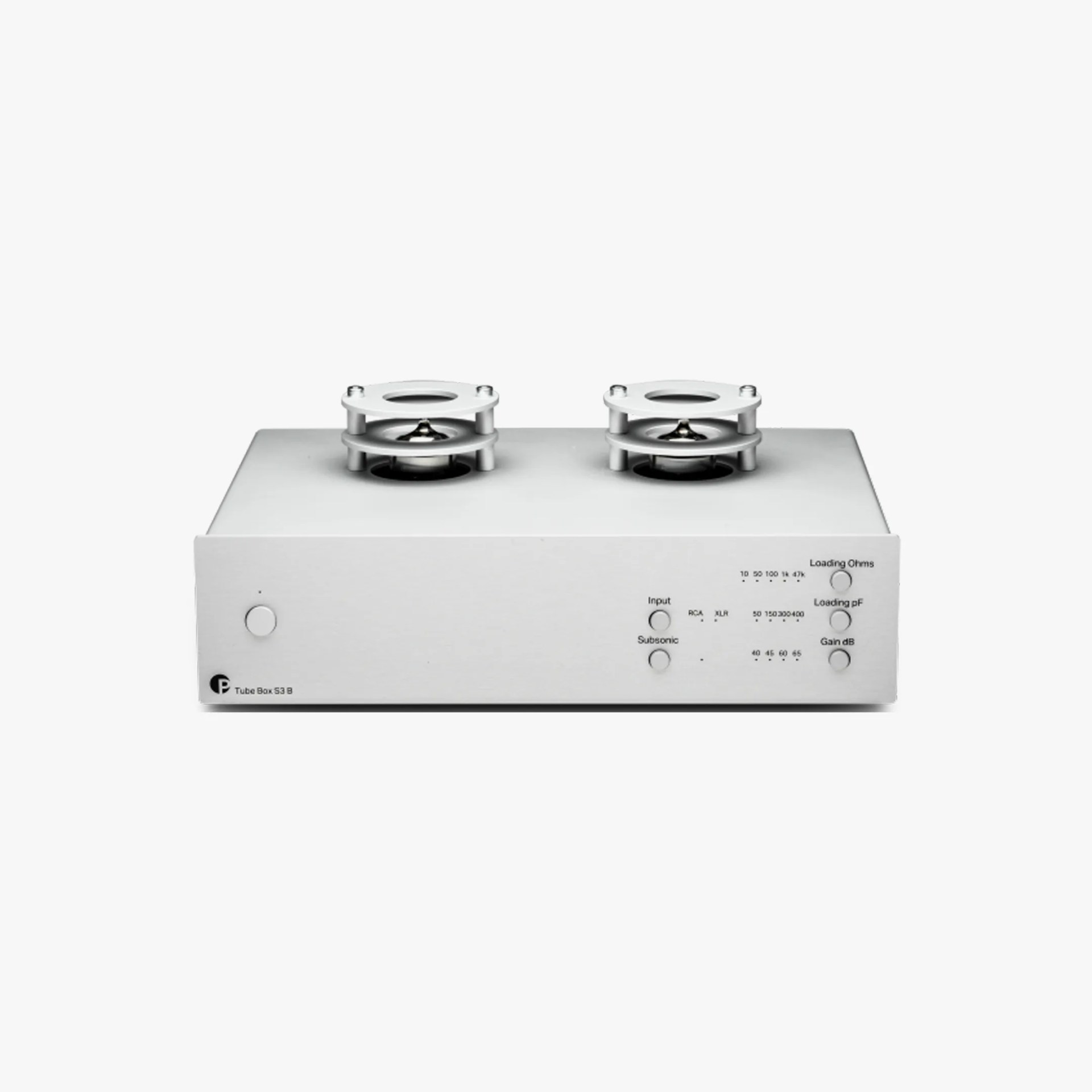 Silver-colored audio tube amplifier with two visible vacuum tubes on top, labeled 