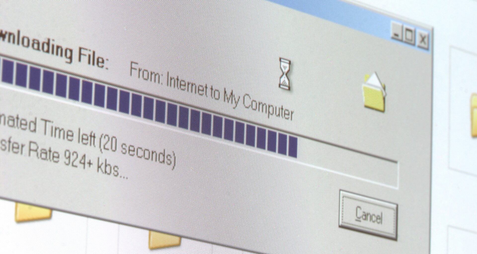 Photo of monitor while downloading a file from the "Internet to My Computer". Visible RGB cells, custom screen written in VB.
