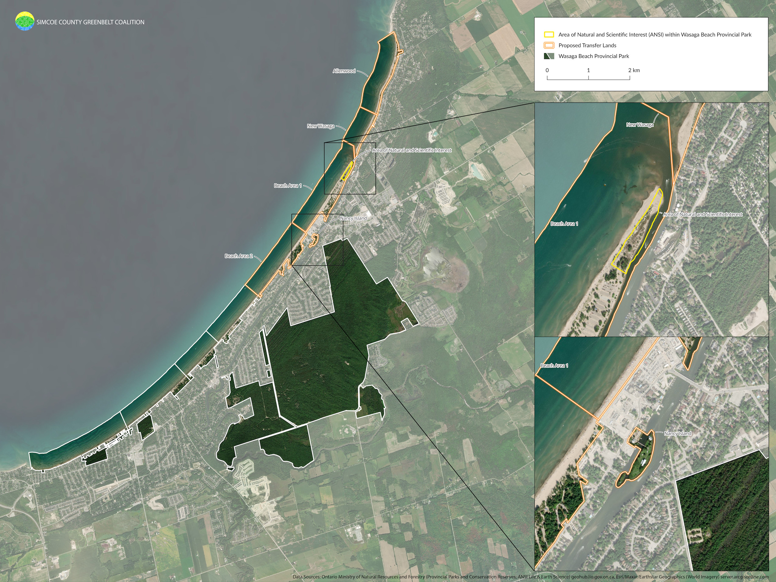 A satellite photograph of the Town of Wasaga Beach, mapped to idenitify which areas of beachfront are proposed to be transferred from provincial to municipal ownership.