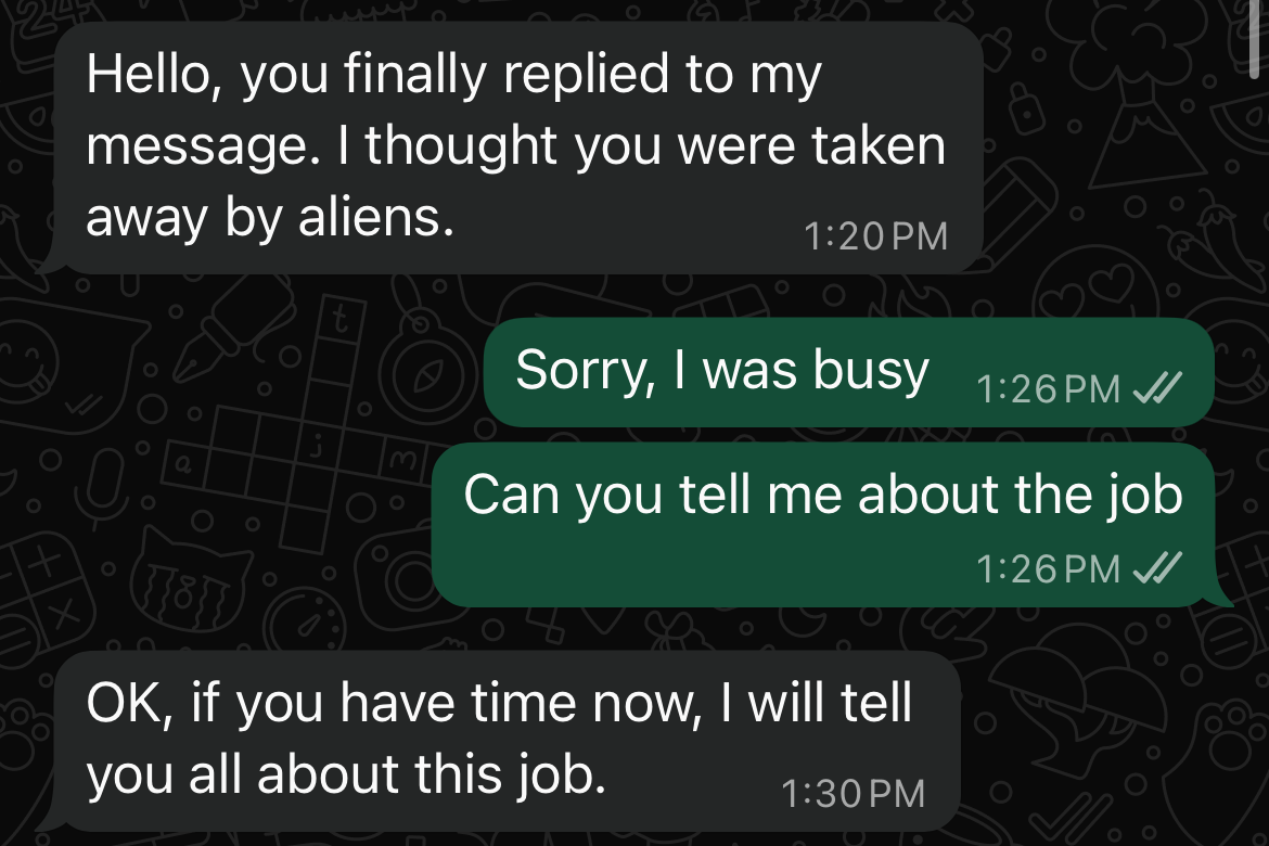 Screengrab of a WhatsApp text conversation in which the opening text is "Hello, you finally replied to my message. I thought you were taken away by aliens."