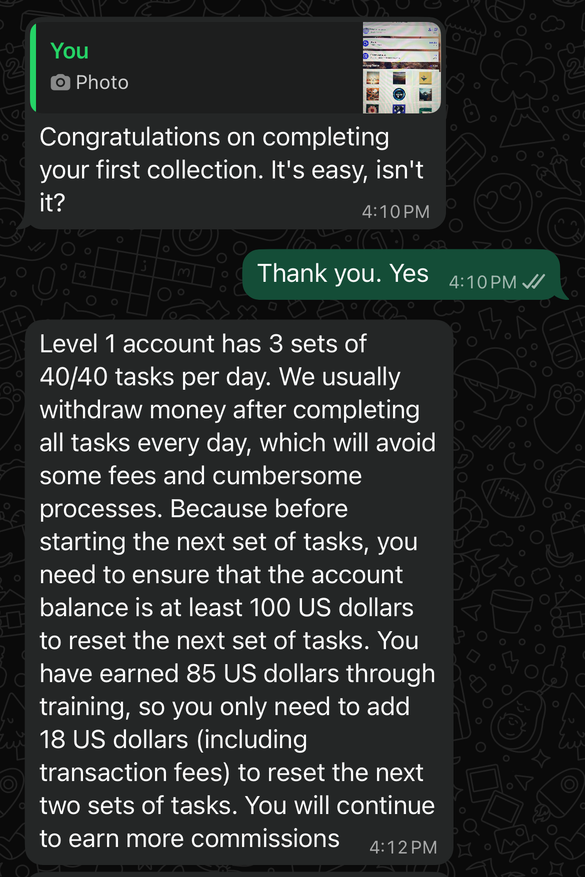 WhatsApp text conversation in which the "recruiter" goes over how the job will work. "It's easy, isn't it?" she says.