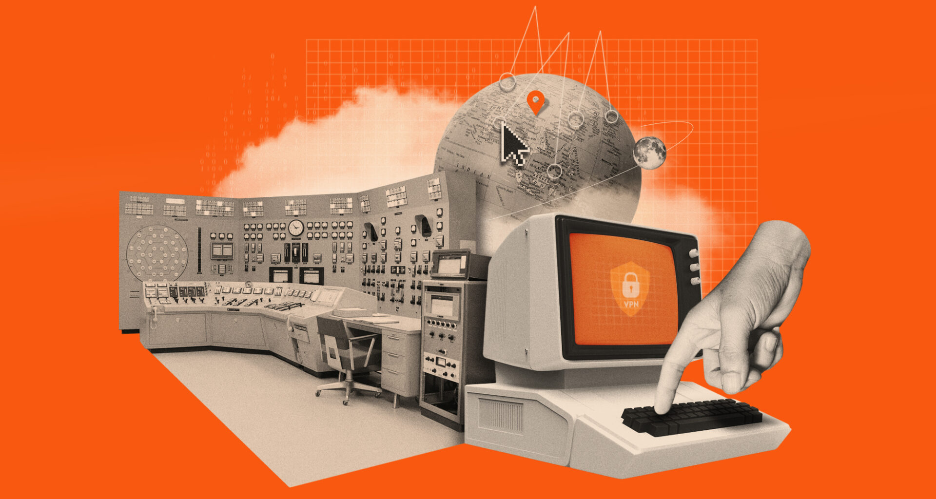 Photo composite illustration of a computer using a VPN program