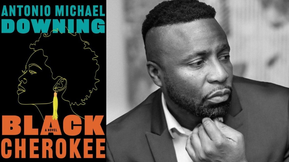 A book cover with the silhouette of a Black Cherokee woman, and a black and white author headshot of a man wearing a suit looking to the side. 