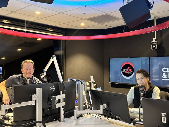 96FM breakfast hosts Dean Clairs and Lisa Shaw in the studio. Clairsy announced his retirement from the show today.