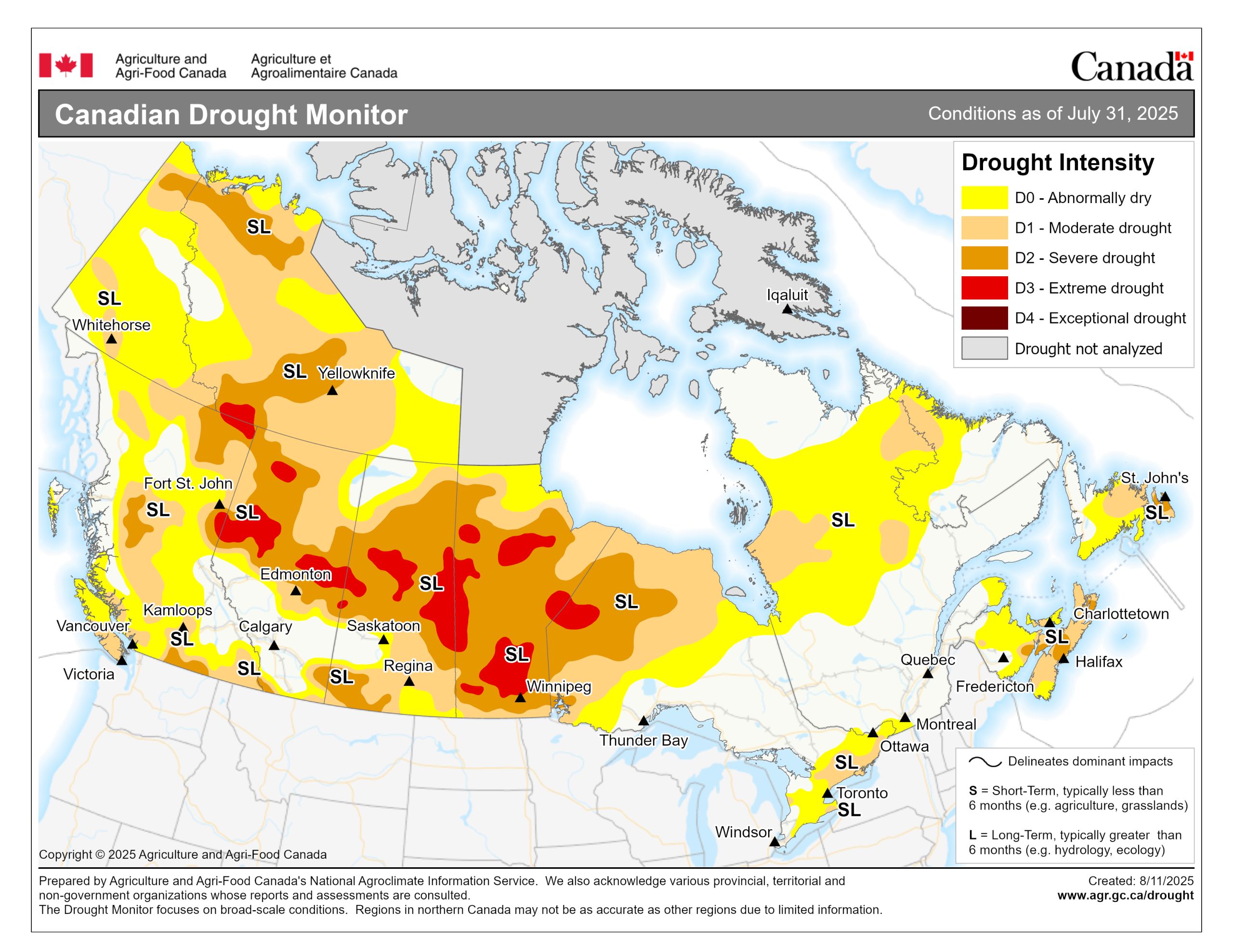 A map from Agriculture Canada shows areas experiencing levels of drought from D0 (abnormally dry) in yellow to D4 (exceptional drought) in dark red. Shades of orange and red fill the level in between, and grey means drought is not analyzed. There are large swaths of yellow and light orange, with a concentration of dark orange and red across the prairies, parts of B.C. and into the Northwest Territories