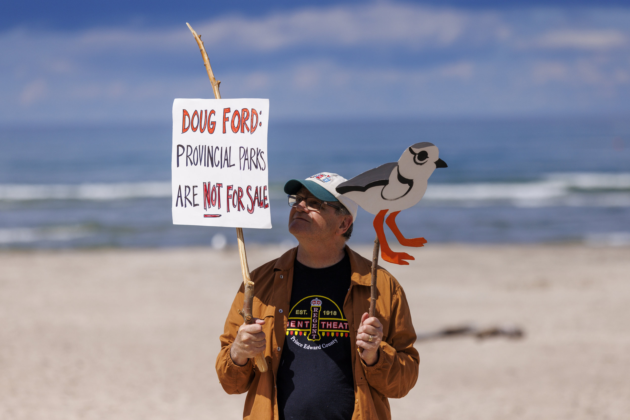 On Wasaga Beach, a protester holds a sign reading "Doug Ford: Provincial Parks are Not for Sale" in one hand, and a cutout drawing of a piping plover in the other.