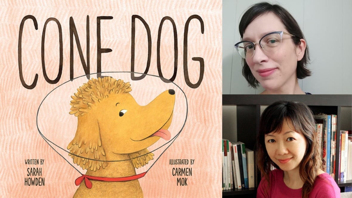 A dog has a cone on. A woman with glasses looks at the camera. A woman with bangs smiles at the camera.