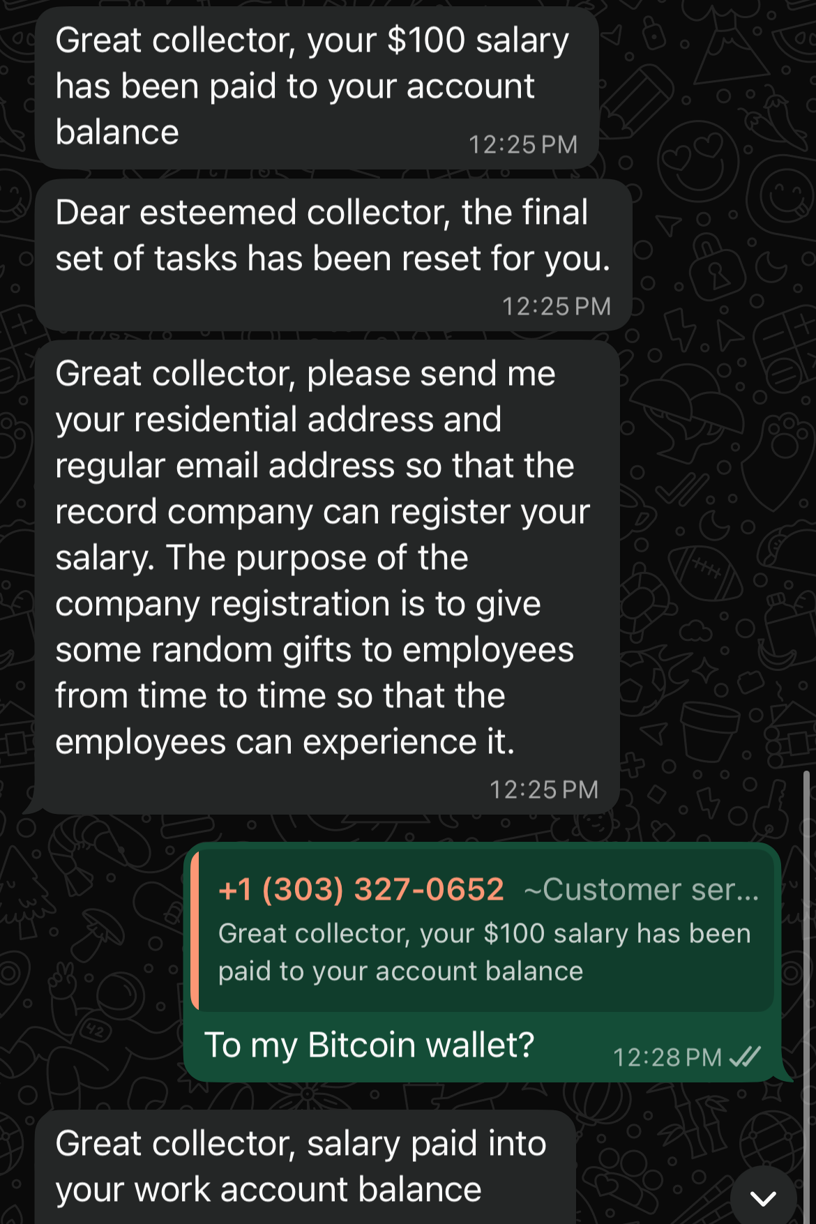 A series of messages from the "Customer Service" WhatsApp account alerting the author that he has been paid various amounts for his work and asking for his residential address and email.