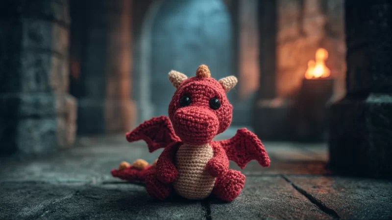 An adorable crocheted red dragon from D&D in a dungeon.