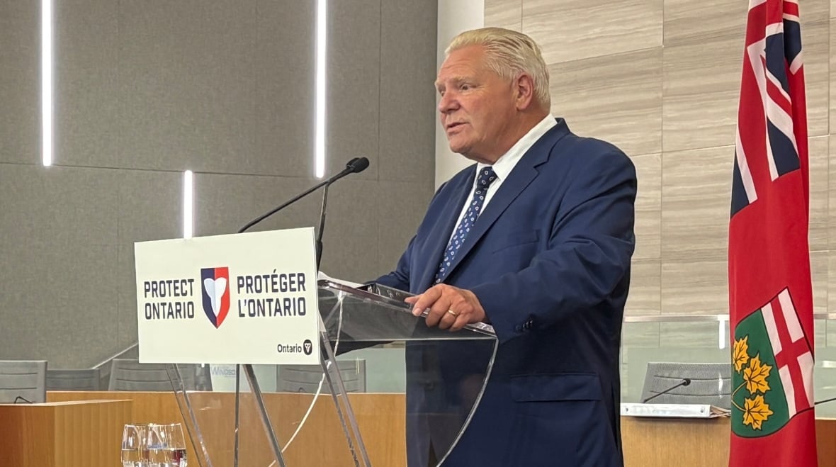 Ontario Premier Doug Ford speaking in Windsor, Ont. on Aug. 12, 2025 when he promised to introduce legislation to regulate animal testing. 