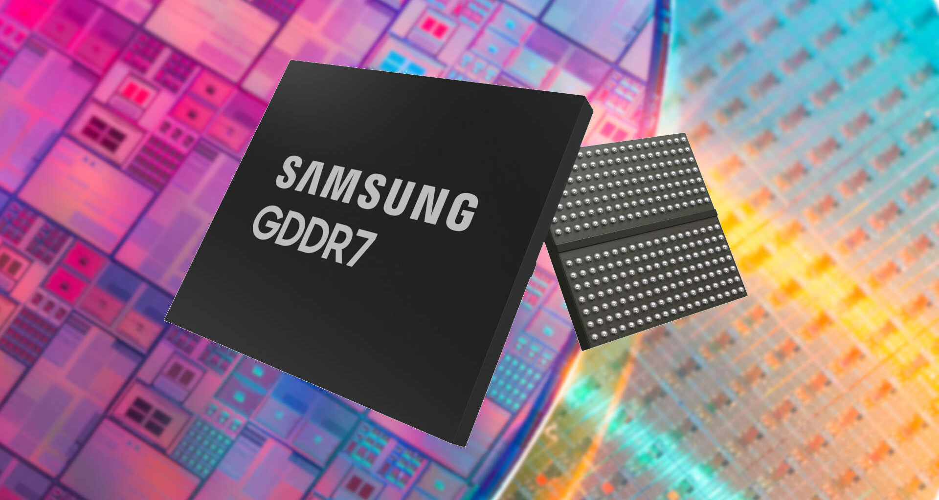 An generic image of Samsung GDDR7 modules against a background of Samsung silicon wafer diagrams