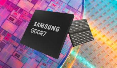 An generic image of Samsung GDDR7 modules against a background of Samsung silicon wafer diagrams