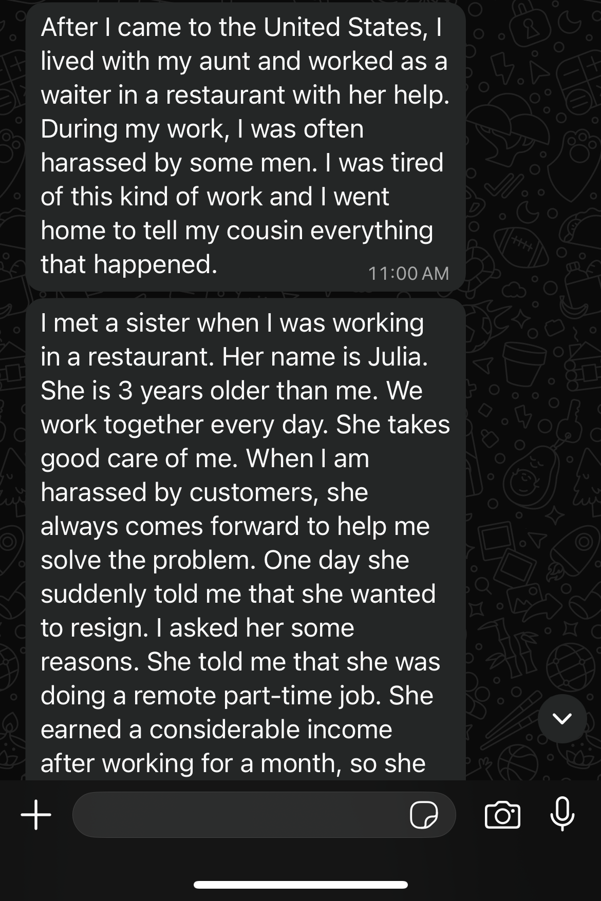WhatsApp text from "Cathy," describing how she met Julia and got into her online work.