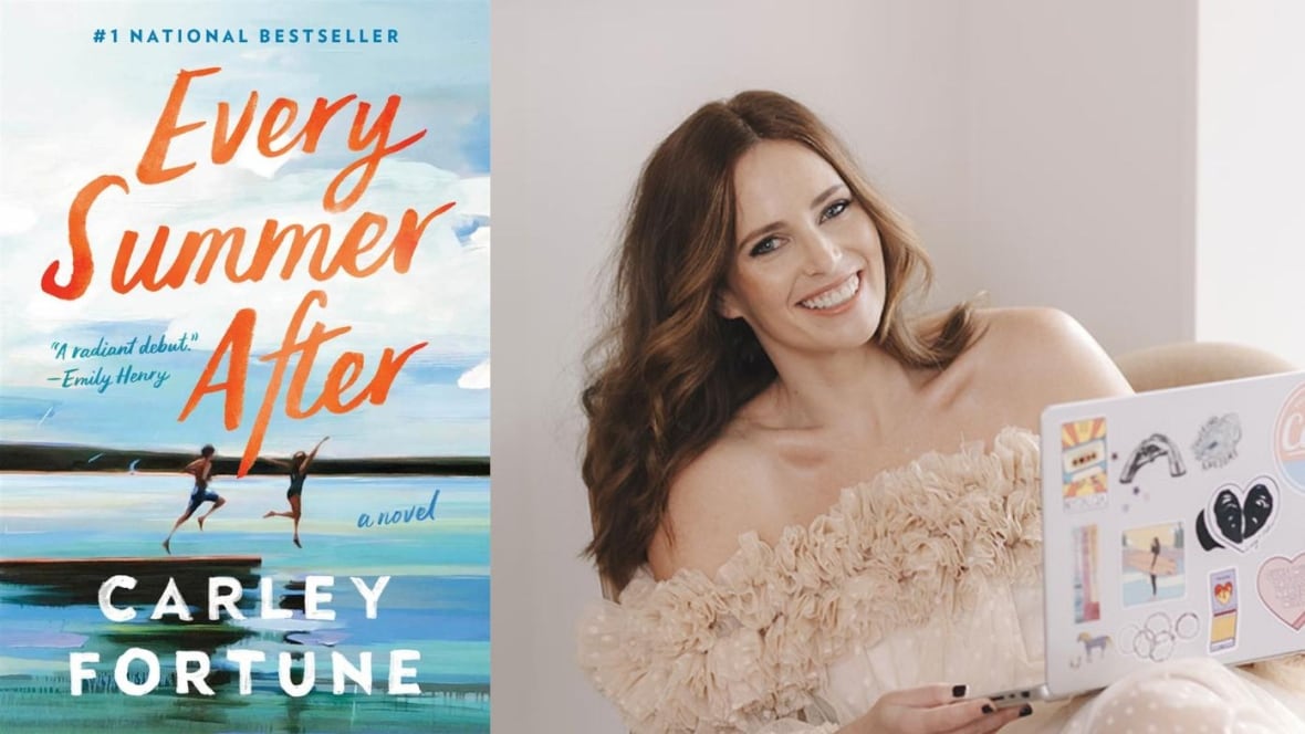 A book cover with a man and woman jumping off a deck into the lake, and an author headshot photo of a woman with shoulder-length brown hair. 