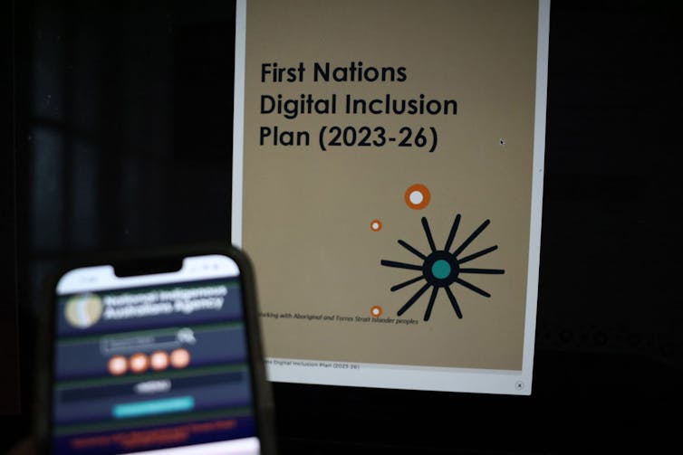 A computer and a phone screen saying First Nations Digital Inclusion Plan.