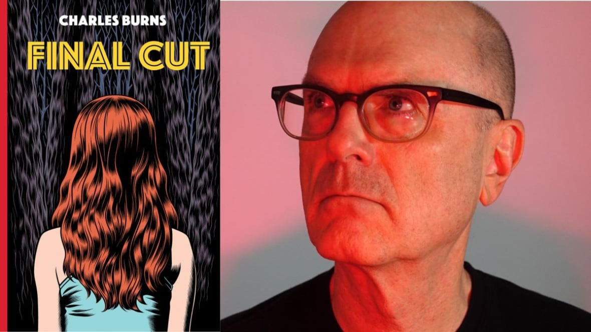 A book cover of a cartoon woman with red hair. An author photo of a white man with a shaved head looking left in a red glow.