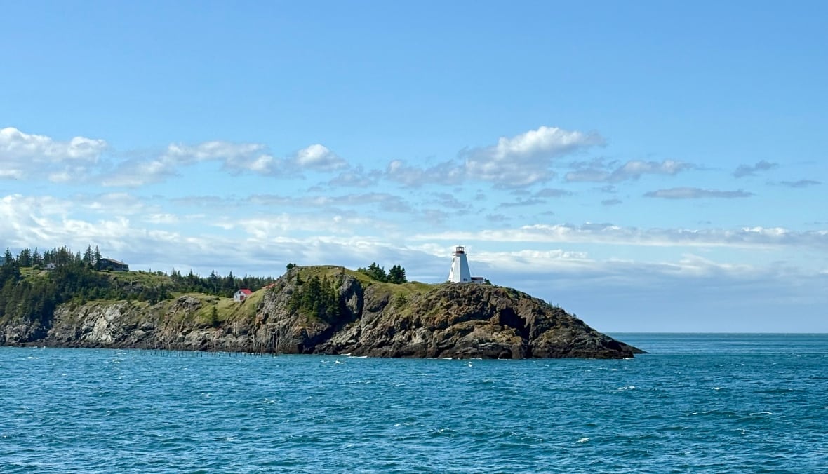 A lighthouse on a grassy and rocky cliff jutting out into vibrant blue water.