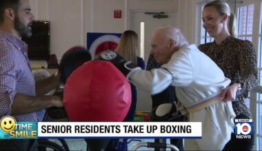 Assisted living facility residents with boxing gloves show age is just a number