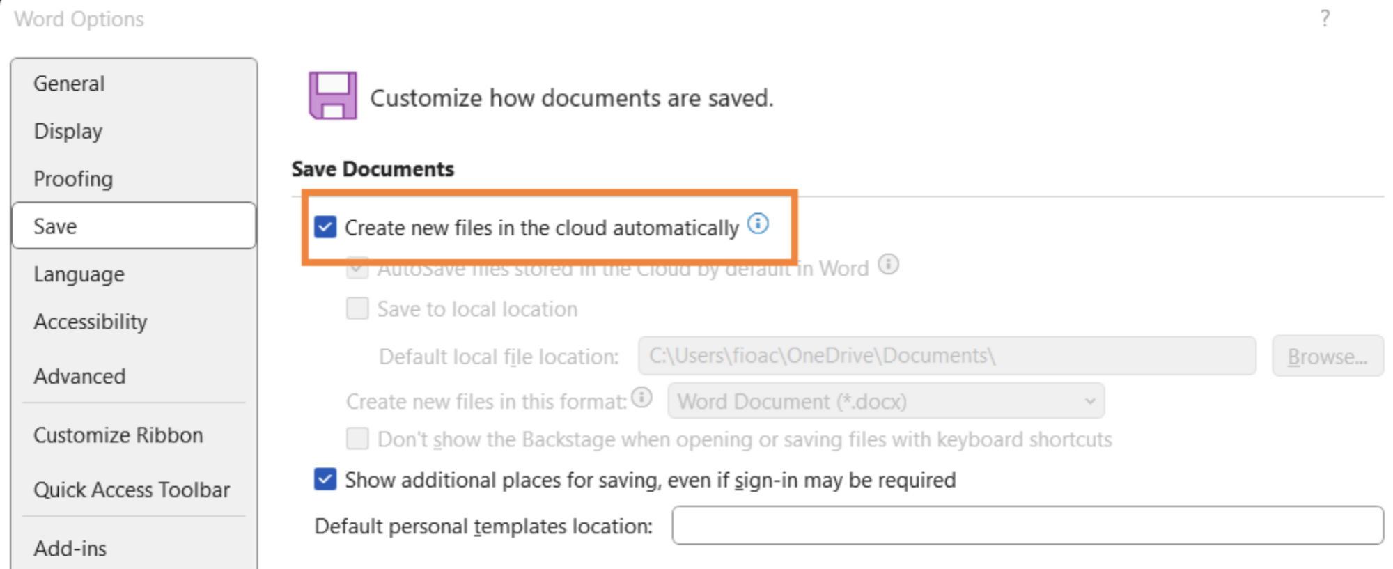 The Options window in Word open to the 