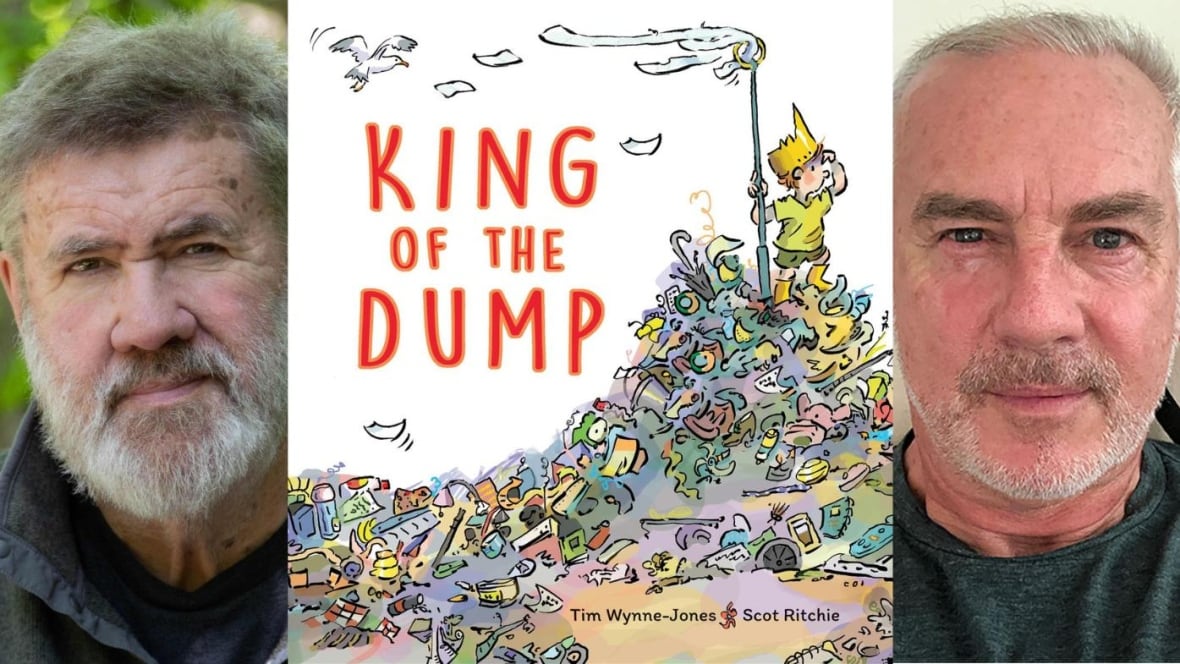 A composite image featuring a man with a white beard, a book cover of a boy standing on a pile of trash, and a headshot photo of a man wearing a crew neck sweater. 