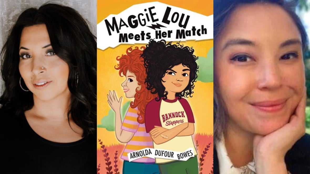A composite image featuring a woman wearing a black t-shirt, a book cover with two girls with curly hair with their backs against each other, and another author picture of a woman smiling with her hand holding her chin. 