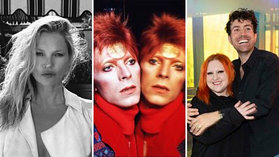 Composite image featuring headshots of Kate Moss and David Bowie alongside a photo of Nick Grimshaw and Beth Ditto hugging and smiling to camera.