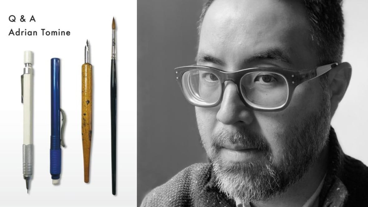 A white book cover with a four different writing utensils. A black and white photo of an Asian man wearing glasses and a beard.