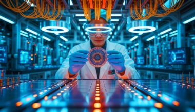 Illustration of a gloved researcher working on a circular photonic chip component at a quantum research lab.