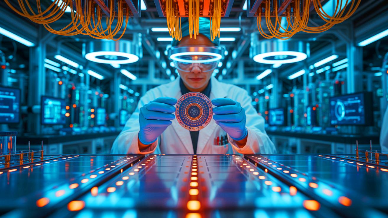 Illustration of a gloved researcher working on a circular photonic chip component at a quantum research lab.