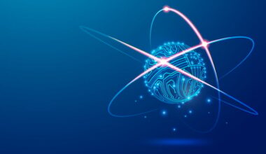 A round digital chip with electrons revolving around it.