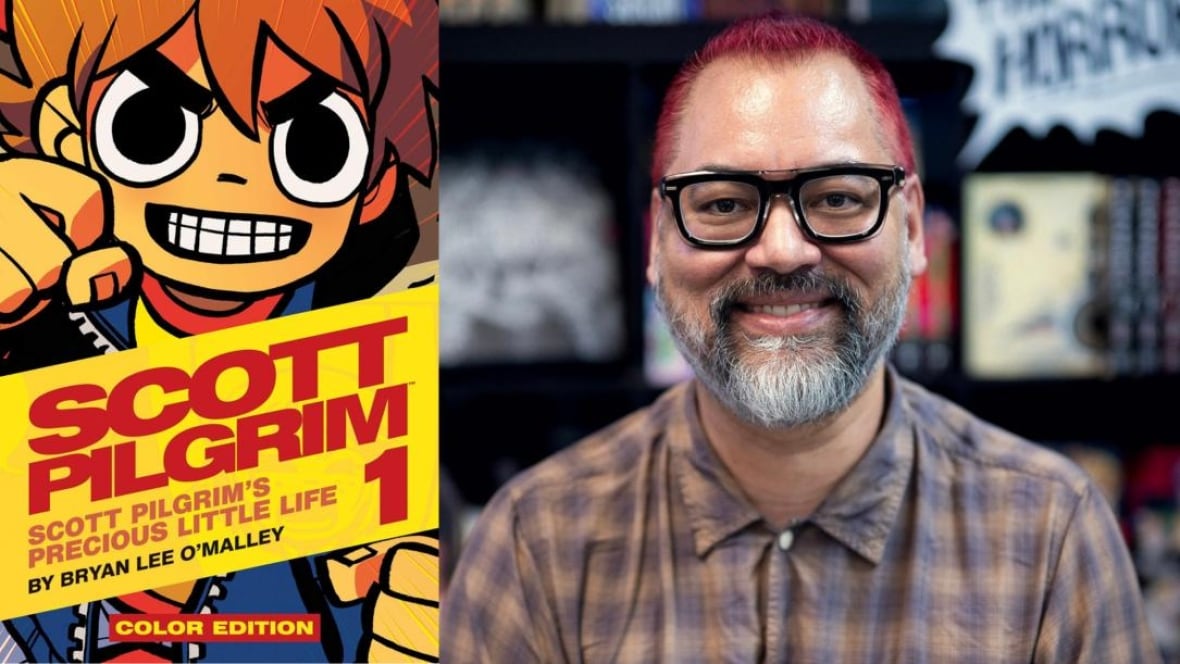 A composite of a book cover of a cartoon man punching and an author photo of an Asian man with glasses and red dyed hair smiling.