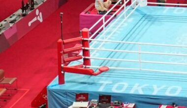 Eliad Mourad, of France refuses to leave the ring after losing a men...s super heavyweight over 91-kg boxing match against Britain's Frazer Clarke at the 2020 Summer Olympics, Sunday, Aug. 1, 2021, in Tokyo, Japan. (AP Photo/Frank Franklin II)