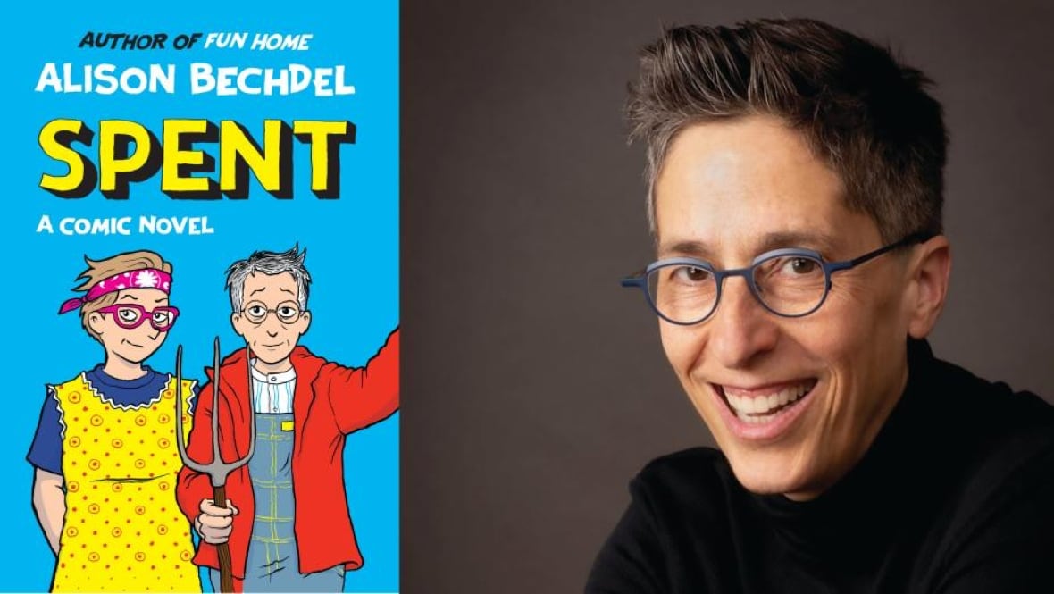 A composite image of a book cover of a comic of two women wearing glasses and an author headshot of a woman with short hair and glasses.