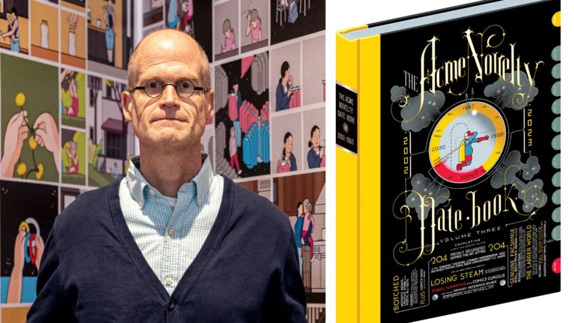 A balding white man wearing glasses and a cardigan over a button down looks at the camera. A black and yellow book cover with a clock on it.
